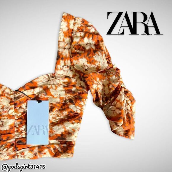 NWT Zara Printed Drape Crop Top Square Neck Orange Floral Sz XS - Picture 10 of 10